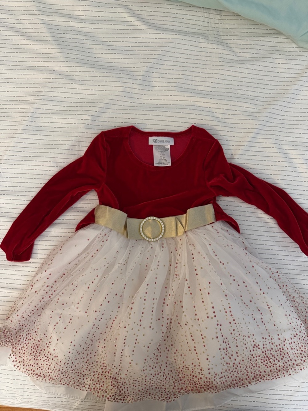 Bonnie Jean Red Velvet Top with Ivory Sparkle Tulle and Gold Belt